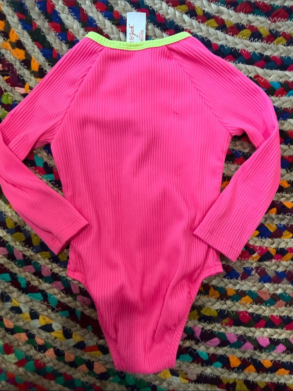 Kids Long-Sleeve Rash Guard Swimsuit - Hot Pink with Neon Yellow Zip -2T
